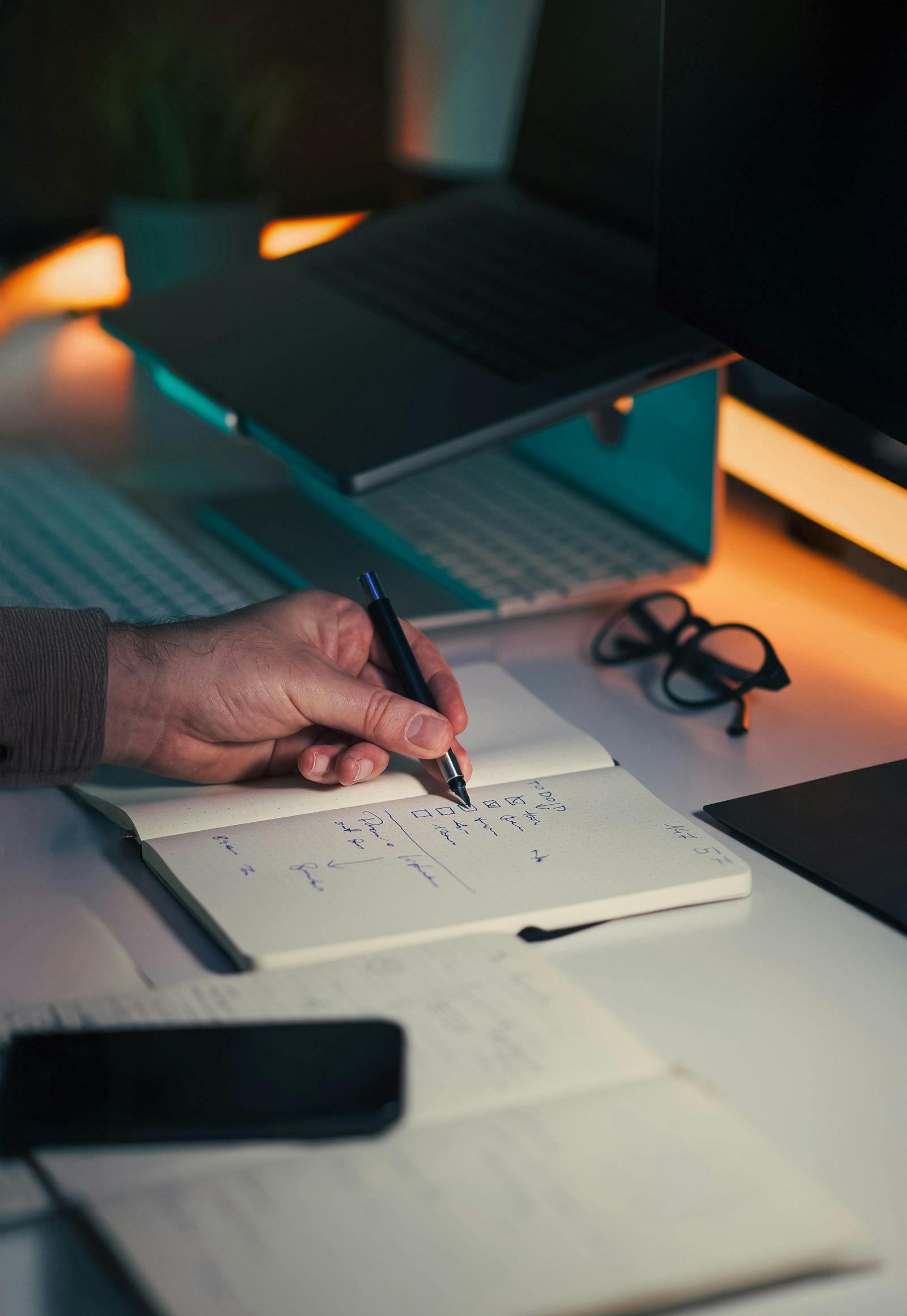 Hands writing in an open notebook beside a laptop in warm desk light